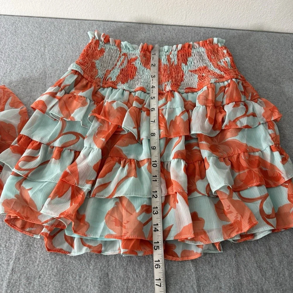 New Olivaceous Coral Blue Tiered Ruffle Skirt Smocked Top Set Womens Small